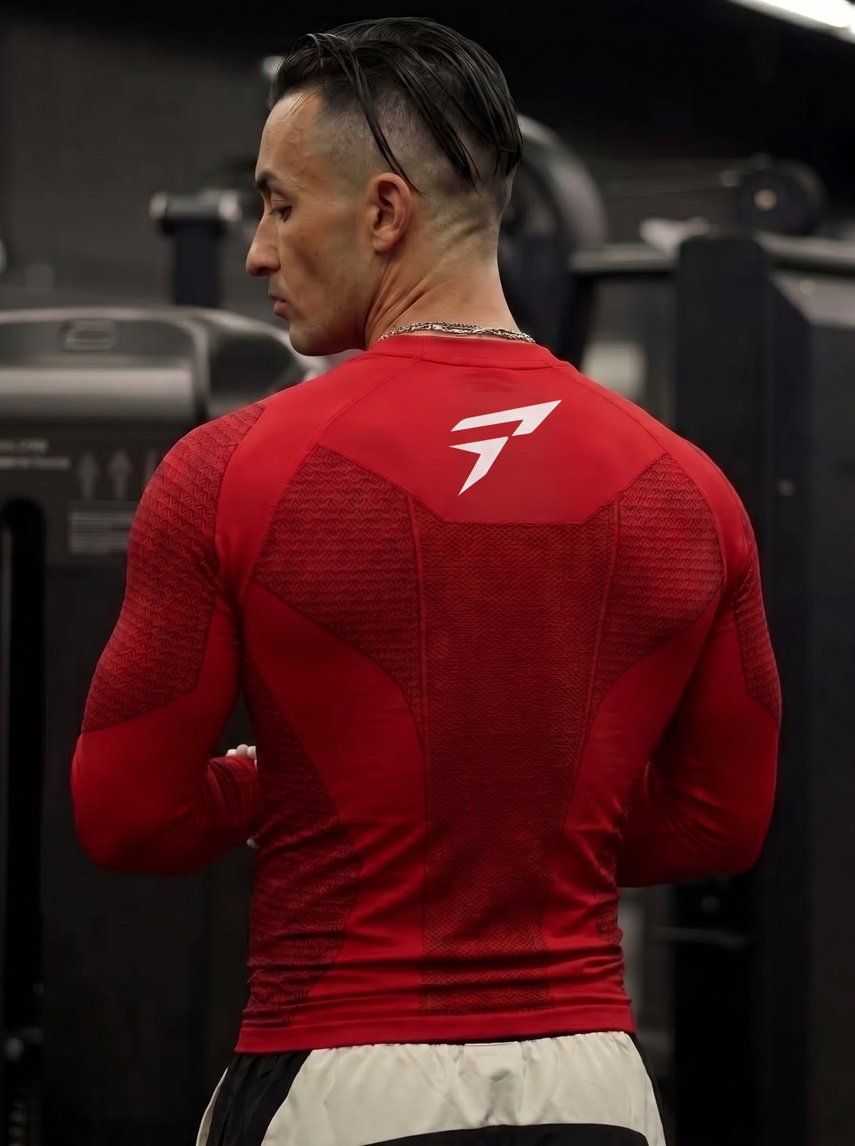 Men's Red Compression Gym Shirt – Long Sleeve Athletic Workout Top