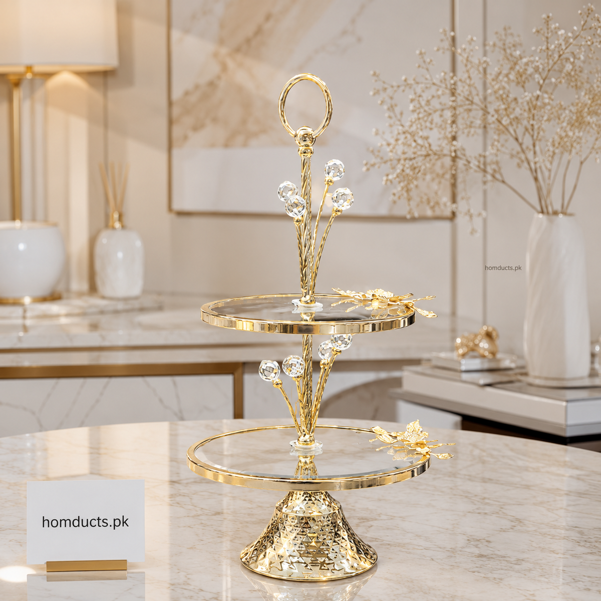 Luxury Gold Crystal 2-Tier Serving Stand – Elegant Dessert & Cake Display Tray