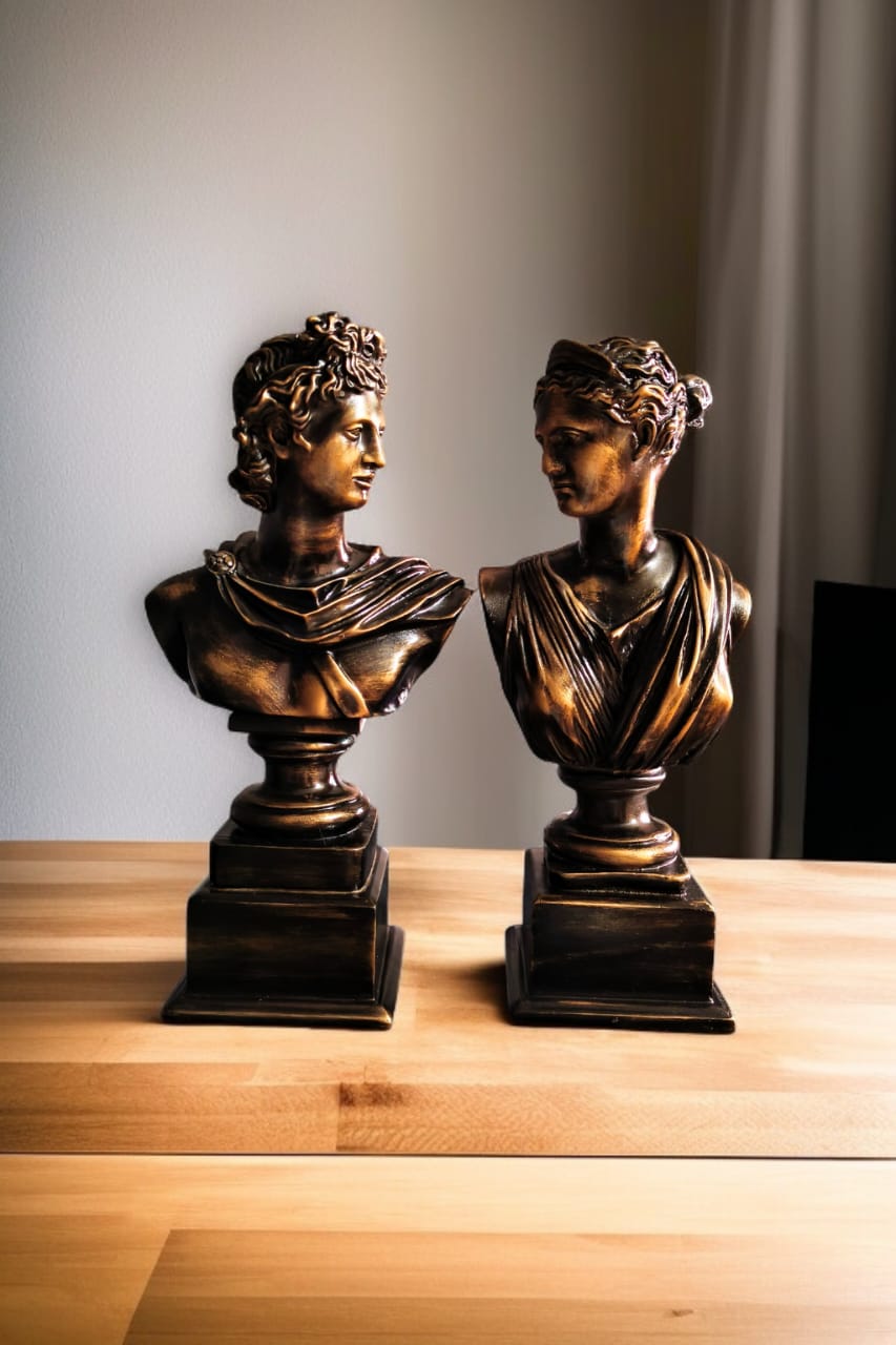 Diana the Huntress + Apollo of Belvedere Bronze Bust on Pedestal